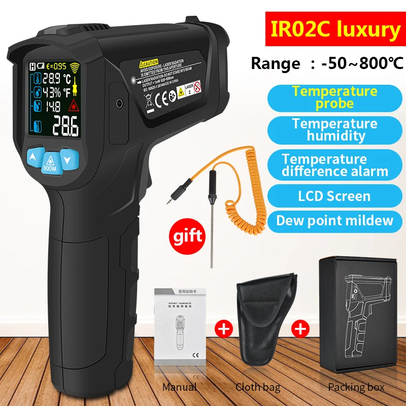Termómetro e higrómetro digital negro con pantalla LCD y sonda de temperatura, junto a su manual y paquete