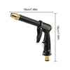 Black expandable high-pressure garden hose with brass nozzle and measurement markings.