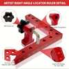 Detail of an artist right angle locator ruler showing a red clamp and dual scale display for measuring angles.