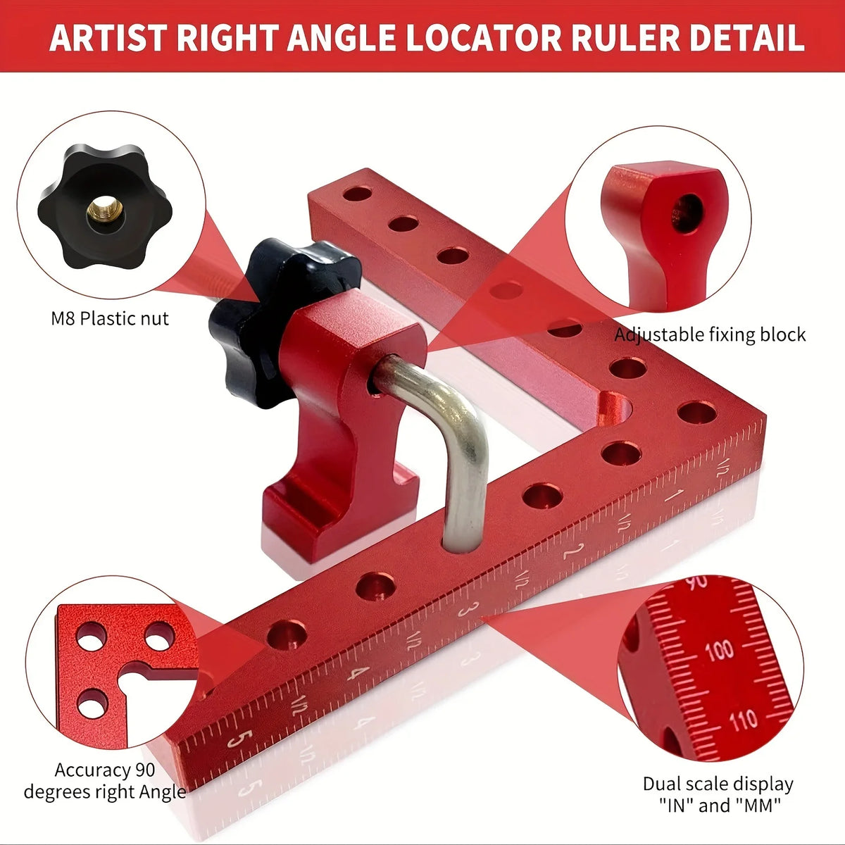 Detail of an artist right angle locator ruler showing a red clamp and dual scale display for measuring angles.