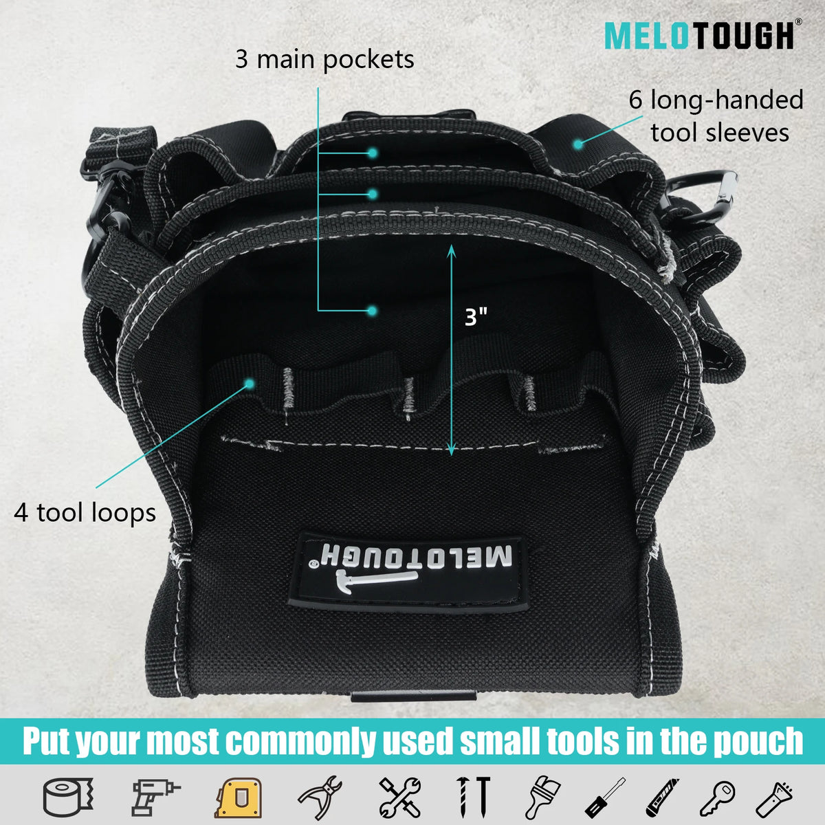 A black tool pouch with 3 main pockets, 6 long-handed tool sleeves, and 4 tool loops for storing small tools.