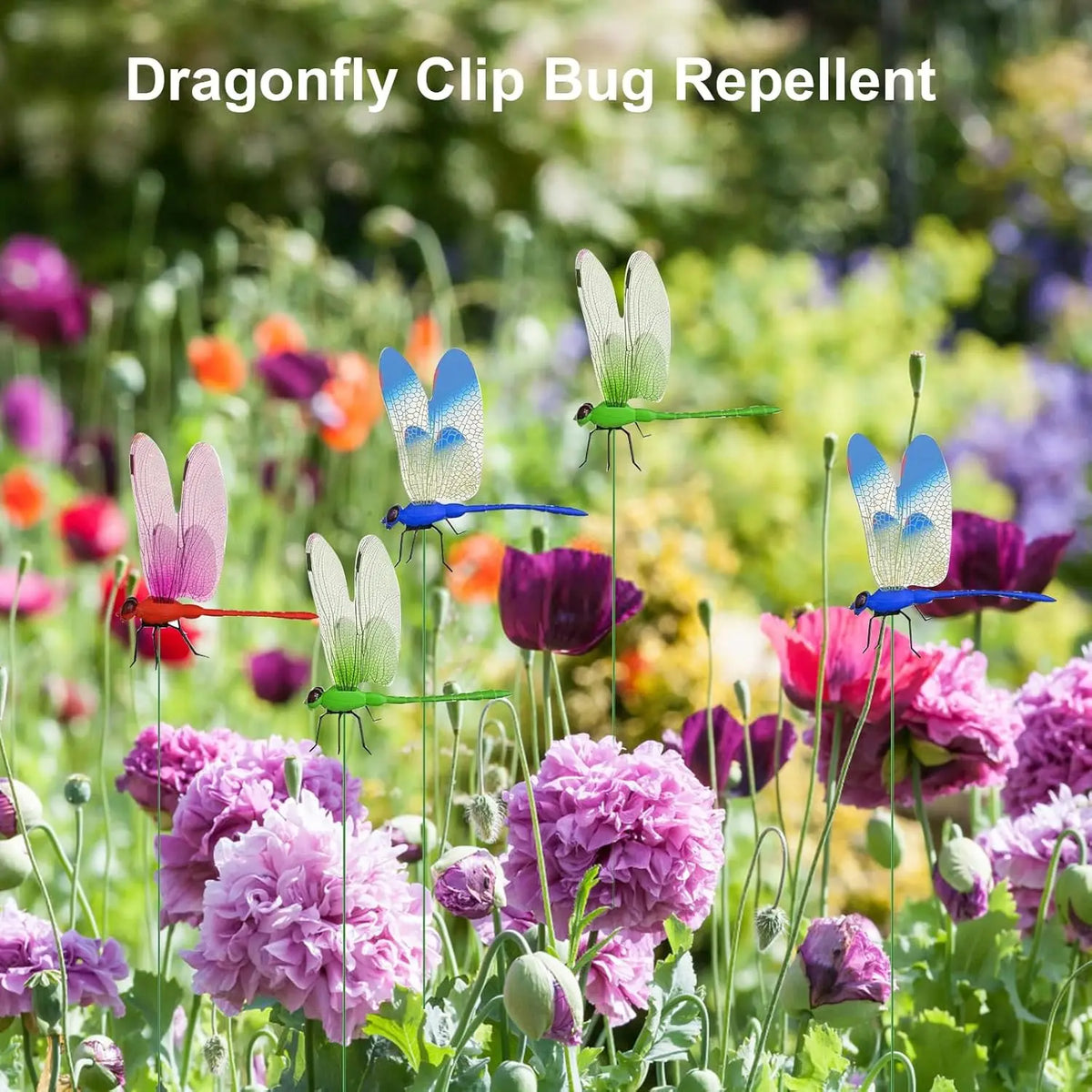 Dragonfly clip bug repellent featuring iridescent green and blue dragonfly clips among colorful flowers