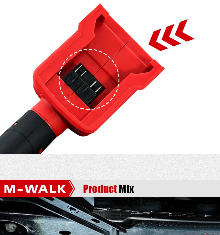 مفتاح كهربائي لاسلكي أحمر من طراز M-WALK بمقبض أسود وملمس خشن، موضوع بجوار قطعة معدنية