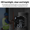 A person uses an HD backlight precision laser measuring tool to measure a distance on a door frame.