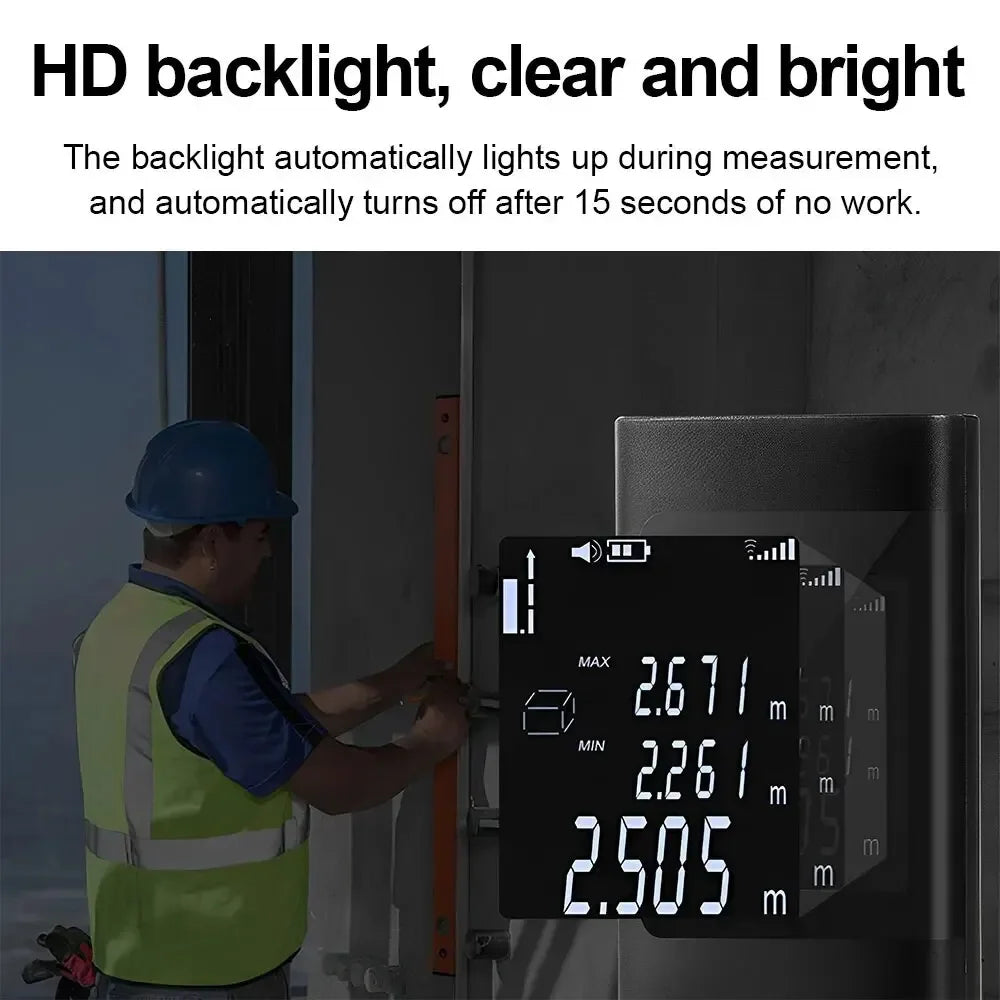 A person uses an HD backlight precision laser measuring tool to measure a distance on a door frame.