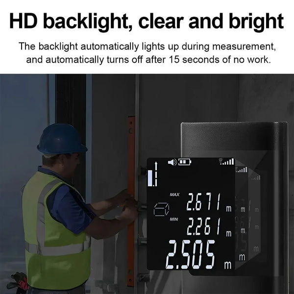 A person uses an HD backlight precision laser measuring tool to measure a distance on a door frame.