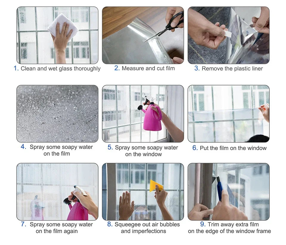Instructions montrant comment nettoyer, mesurer, couper et appliquer un film de fenêtre miroire unidirectionnel pour la confi