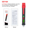 A red and black non-contact voltage tester pen with a protective cap and tip, shown next to its manual and gift box.