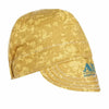 A tan durable welding and work cap with a camouflage pattern and stitching.