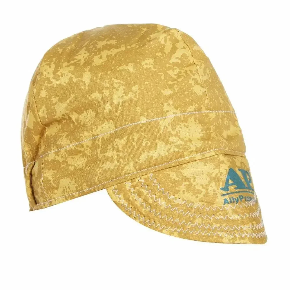 A tan durable welding and work cap with a camouflage pattern and stitching.