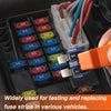 A close-up of a universal automotive fuse tester and puller tool with various colored fuse strips inserted into the slots.