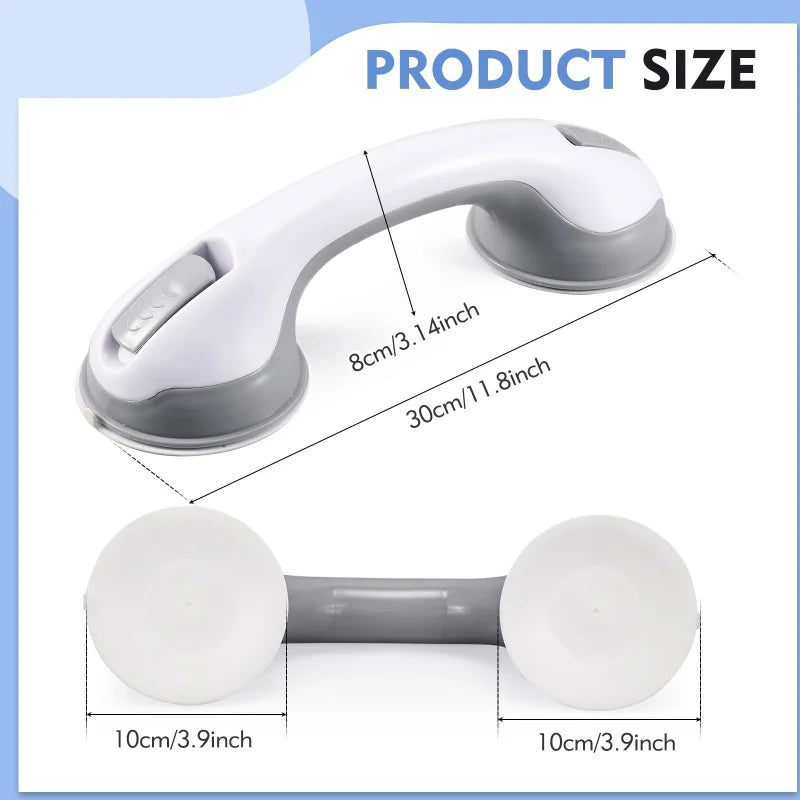 A white and gray vacuum suction cup shower grab bar is shown in two views, demonstrating its size.