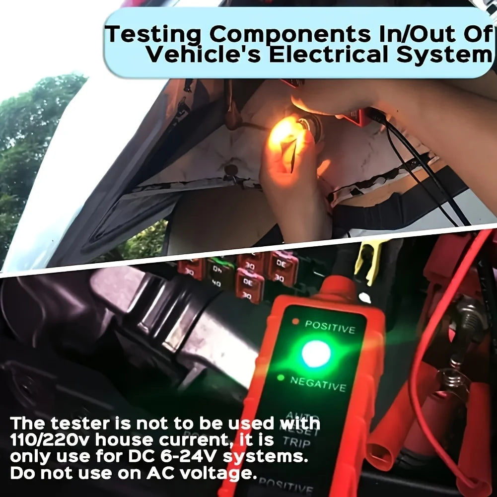 A hand is testing components in/out of a vehicle's electrical system using an automotive DC circuit probe tester.