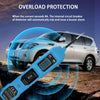 A blue digital multimeter probe is shown with a glowing circular graphic over a silver SUV.