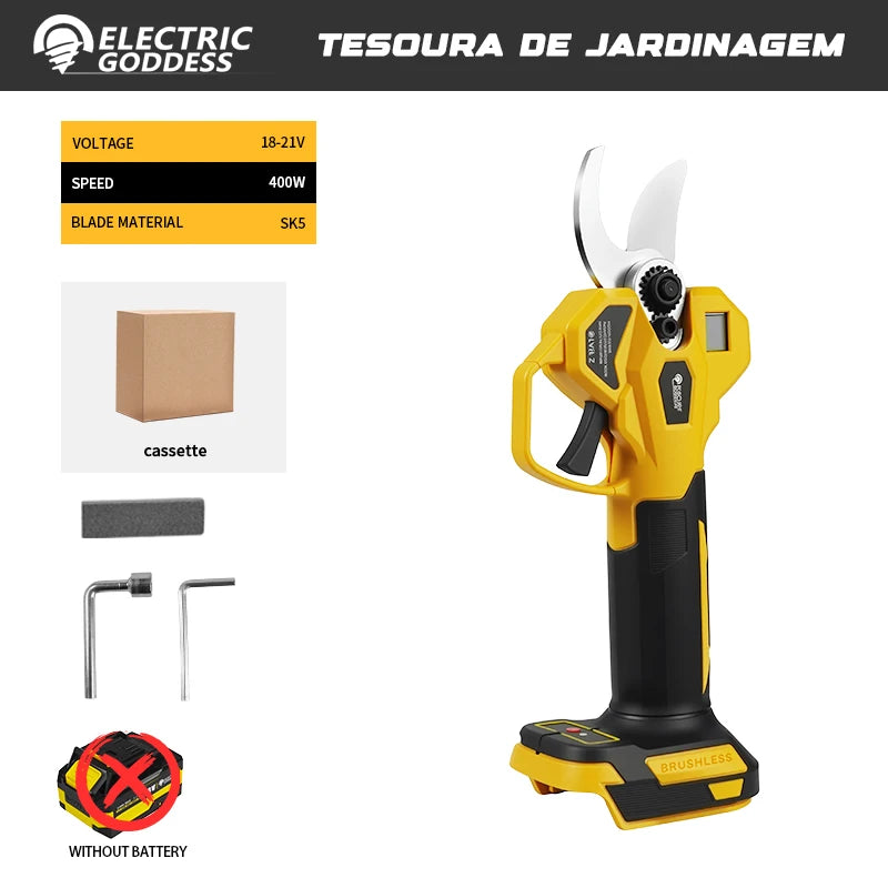 Yellow and black electric pruning shear tool with a cassette and blade for gardening.