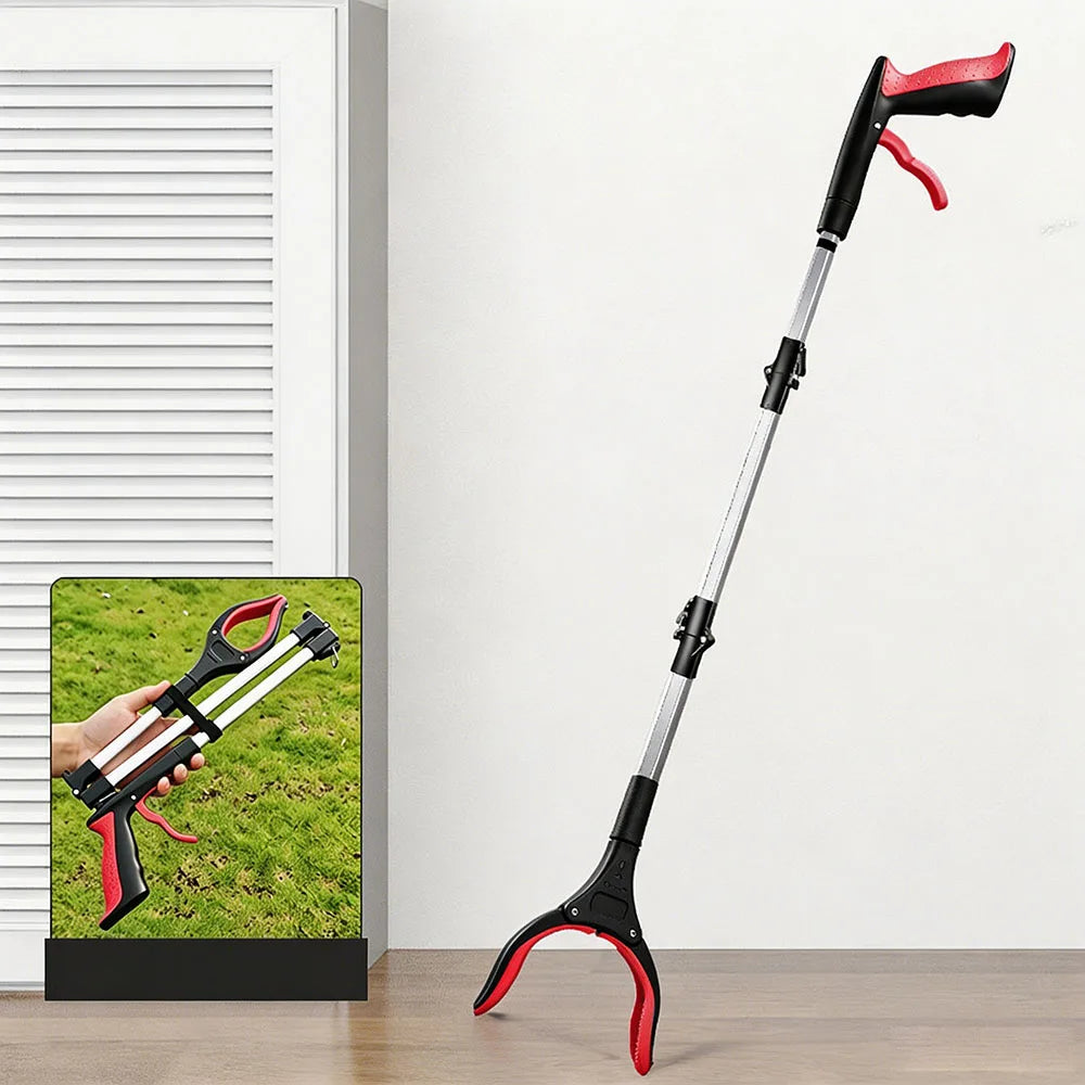A black and red foldable litter picker and trash reacher tool is shown against a white background.