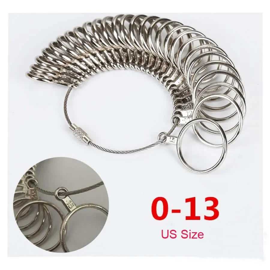 A coil of precision stainless steel ring sizer gauge kit with a circular ring and an oval ring shown next to a size indicator