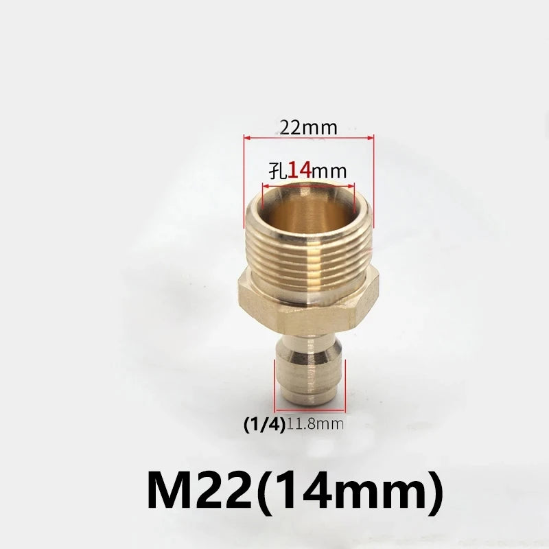 Adaptador de latón M22 con diámetro exterior de 22mm e interior de 14mm y conexión roscada.
