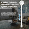 A white plug extender with a long adjustable cord is shown next to a sofa in a living room setting.