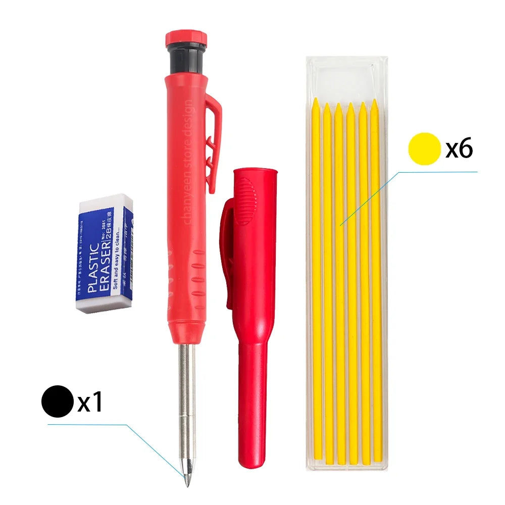 A set of six yellow pencils and one red eraser are shown in a clear container.