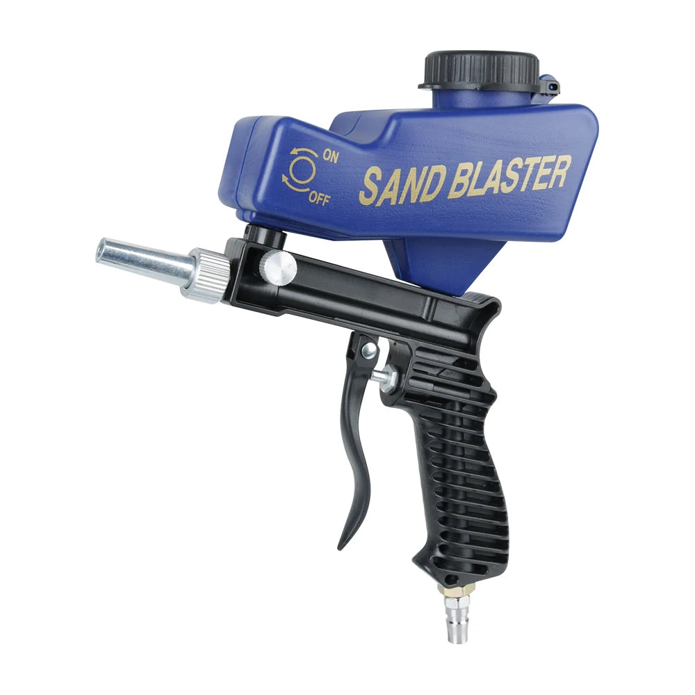A blue pneumatic sandblasting gun with a black handle and nozzle is shown against a white background.