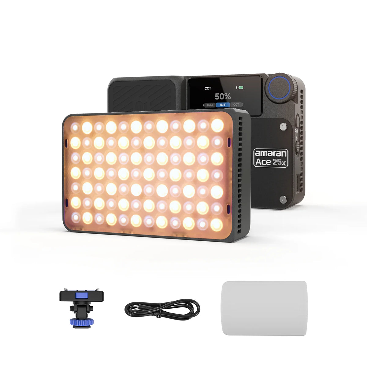 A compact light kit featuring a panel of multiple LED lights and an accompanying power unit.
