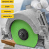 A precision diamond cutting disc is shown mounted on a grinder, with various stone types listed: ceramic tile, slate, marble,