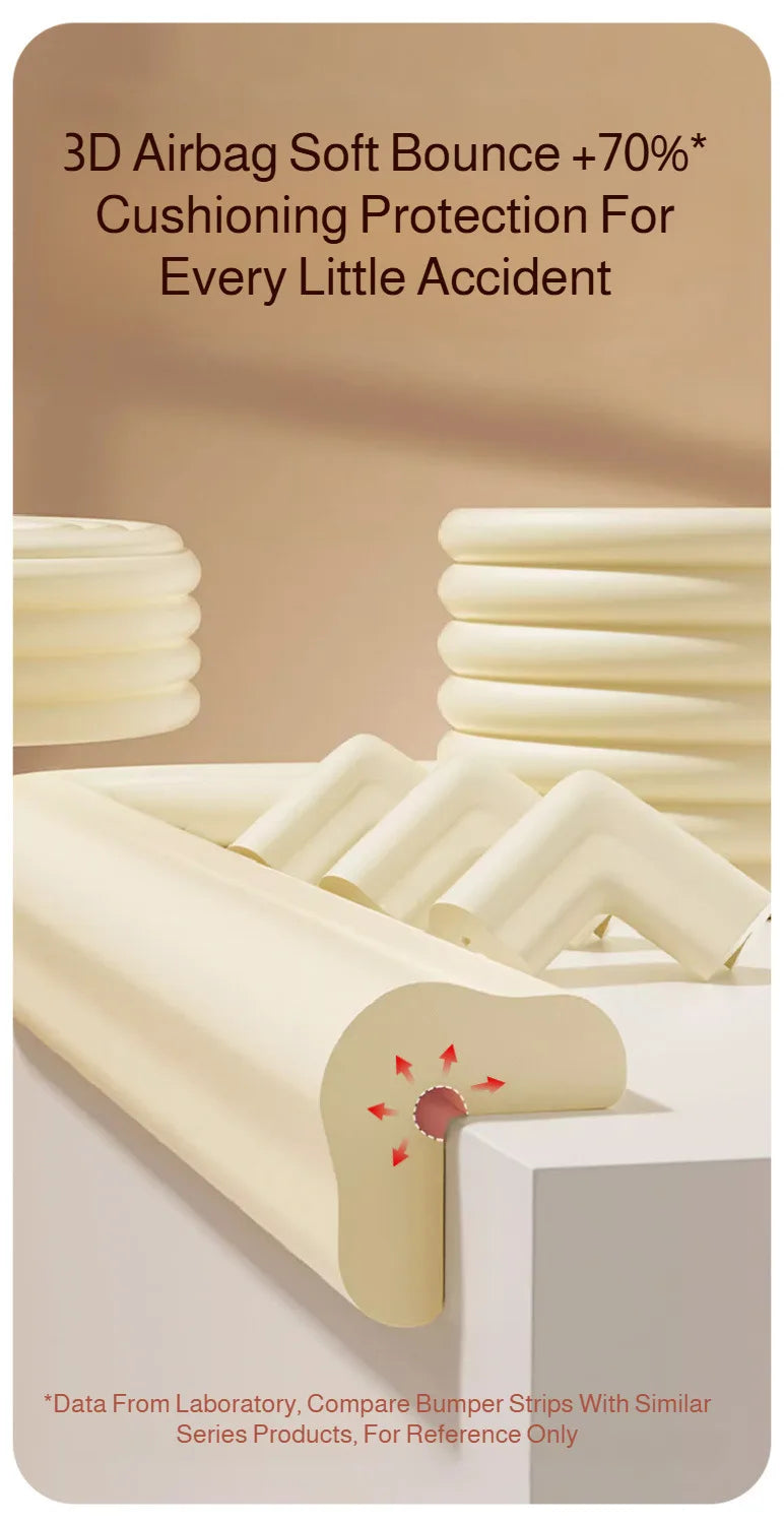 A close-up of a soft, beige baby safety corner guard protecting a table edge, showing the cushioning material.