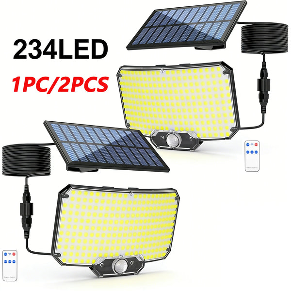 Two 234LED solar flood lights and a controller are shown, highlighting the light fixtures and solar panels.