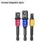 Three impact socket adapters with 3/8, 1/2, and 1/4 inch sizes shown side by side