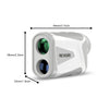 A white laser rangefinder device shown with dimensions and lens views.