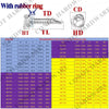Stainless steel self-drilling screws with rubber ring shown in various sizes and types