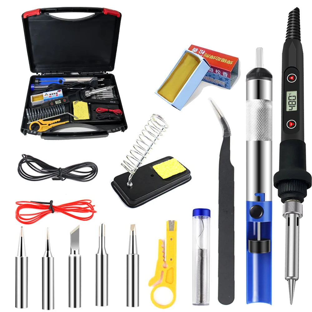 Une collection d'outils de fer à souder électriques de précision, incluant pointes, fils et accessoires.