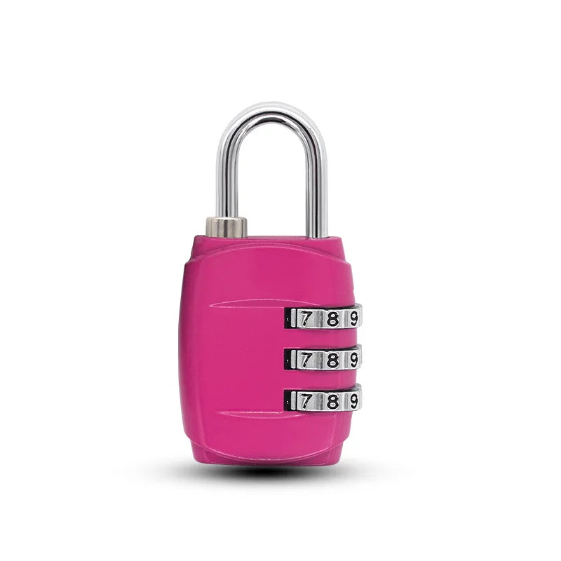 A pink dial password luggage lock with a silver padlock and combination numbers.