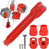 A set of red multi-functional sink and pipe wrenches with various attachments shown in detail.