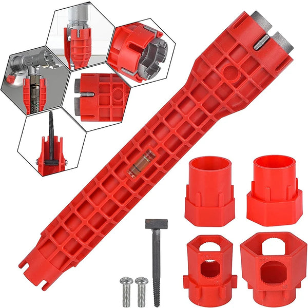 A set of red multi-functional sink and pipe wrenches with various attachments shown in detail.