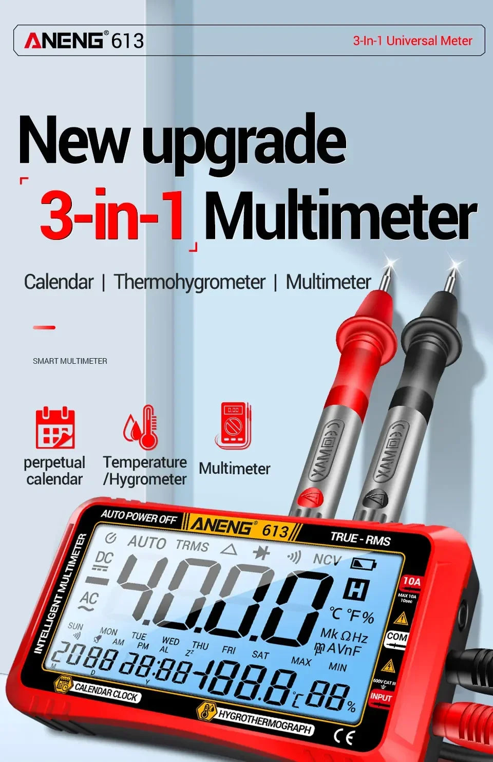 A red digital multimeter from ANENG 613 is shown with various testing functions like calendar, thermometer, and multimeter.