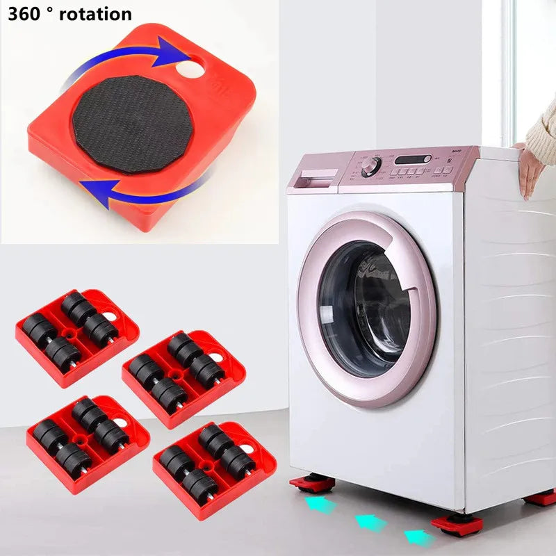 A red furniture moving caster is shown with a 360 degree rotation arrow and several individual casters.