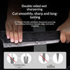 A hand holds a double-sided wet sharpened axe blade demonstrating its smooth cutting and sharpening features.