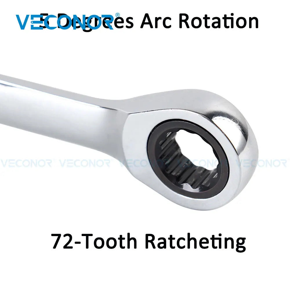Close-up view of a metal tool demonstrating arc rotation and 72-tooth ratcheting mechanism.