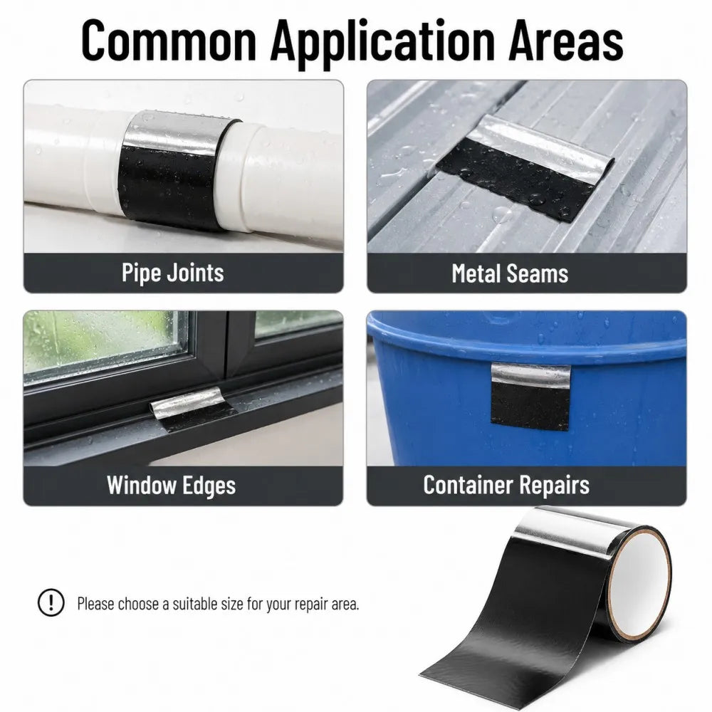 Various application areas for heavy duty waterproof repair tape including pipe joints, metal seams, window edges, and contain