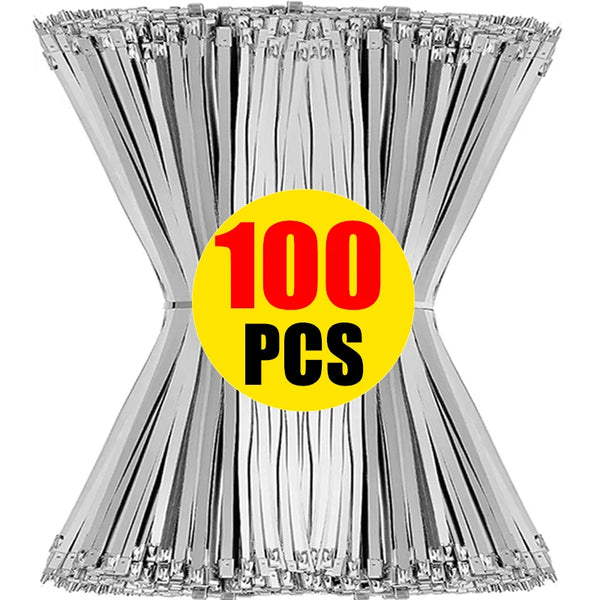 A bundle of 100 heavy duty stainless steel cable ties in a conical shape.