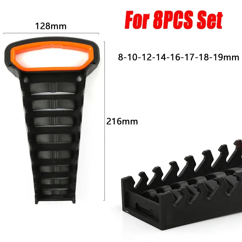 Black plastic wrench organizer rack with orange handle and various sized wrench openings for an 8-piece set