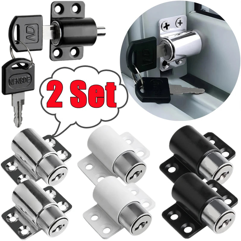 A set of two sliding door window locks, including a key and various lock mechanisms for child safety.
