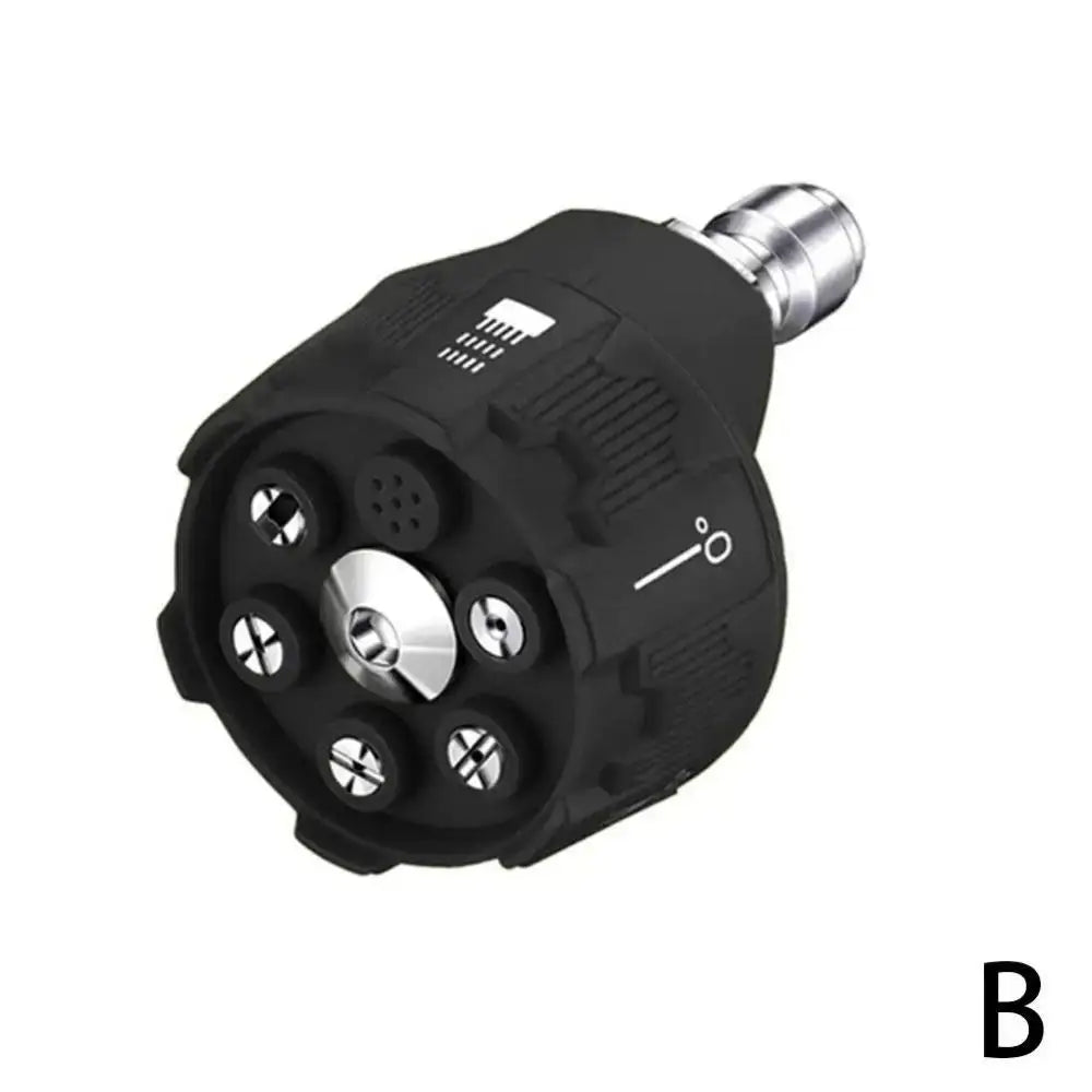 Black adjustable pressure washer nozzle set with a silver tip and textured body