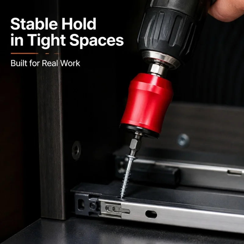 A hand is using a red magnetic screwdriver bit to work inside a dark enclosure.