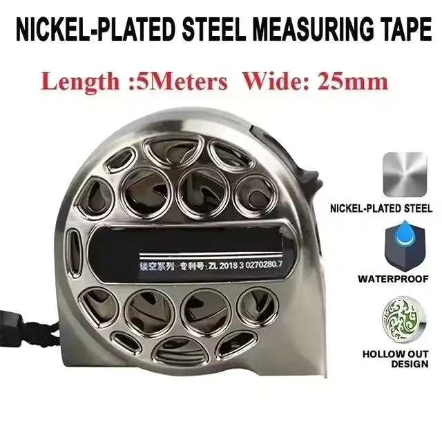 Nickel-plated steel measuring tape with 5 meters length and 25mm width