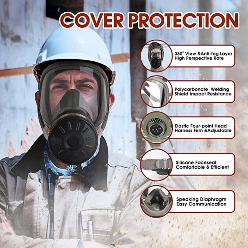 Mann trägt einen blauen Industrie-Gasmasken mit verschiedenen Schutzmerkmalen vor unscharfem Hintergrund.