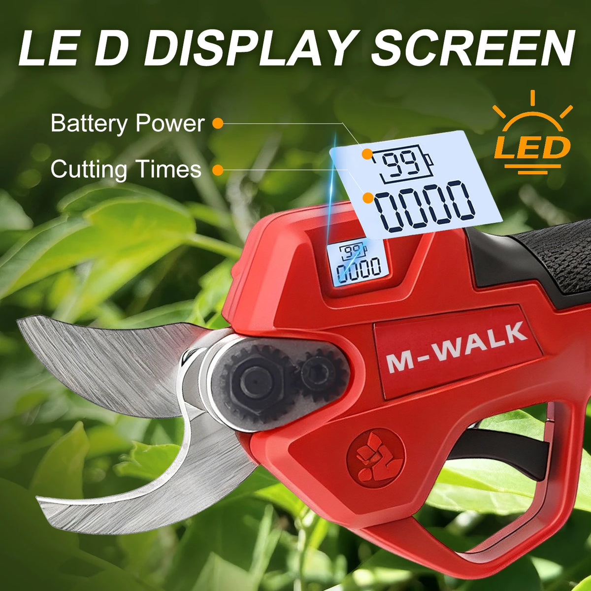 Red M-WALK brushless electric pruning shears with a blade and battery power indicators.