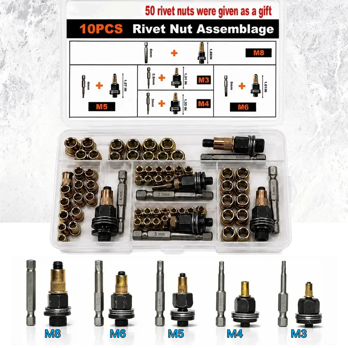 A set of 10 pieces of rivet nuts including M3, M4, M5, M6, and M8 sizes for metalworking.